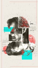 Campaign for mental health awareness, focusing on internal struggles and resilience. A digital collage depicting man's face, brain, and abstract elements in red and cyan. Psychology, surrealism art