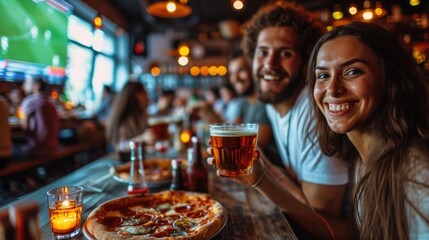 Pizza Aficionados Snacking while Watching Soccer on TV in a Restaurant. Generative Ai.