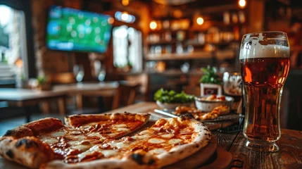 Fotobehang Pizza Aficionados Snacking while Watching Soccer on TV in a Restaurant. Generative Ai. © Planum