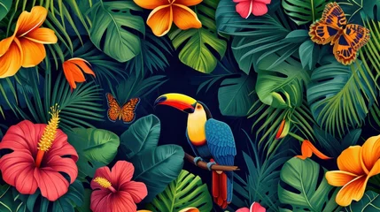 Fototapeten Tropical exotic pattern with animal and flowers in bright colors and lush vegetation © Zahid
