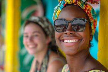 Two women smiling with colorful headscarves and sunglasses, vibrant background. - obrazy, fototapety, plakaty