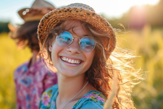 Joyful young girl with sunglasses and straw hat smiling in sunny meadow, with blurred background.