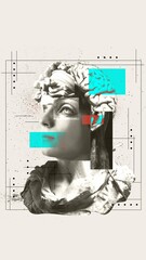 Art piece for a neuro aesthetics exhibition, exploring the beauty of the mind. Focus on neurology and research. Digital collage of a classical statue with a brain illustration and cyan overlays.