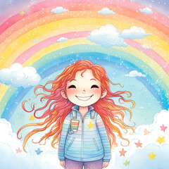 Obraz na płótnie Canvas A little girl with red hair smiling happily, rainbow behind her. Colorful cartoon character. Funny vector illustration. Pastel color