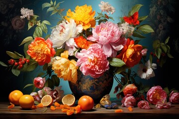 a painting of flowers in a vase on a table with oranges and other flowers in front of a blue background.