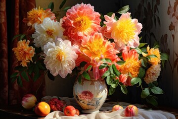  a vase filled with lots of flowers sitting on top of a table next to fruit and a vase filled with flowers.