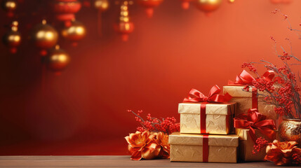 Golden Chinese traditional culture Gift Boxes on Festive abstract landscape red bokeh decorations  Background with Tree and Ribbon banner copy space for text