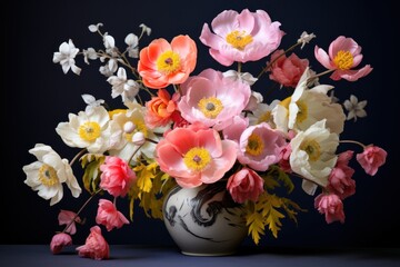  a vase filled with lots of pink and white flowers on a blue and white tablecloth next to a black wall.