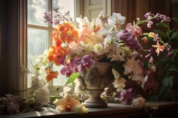  a vase filled with lots of flowers sitting on top of a window sill next to a window sill.
