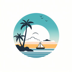 A Sea View, A Logo Of A Beach With Palm Trees And A Boat