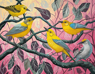 Colorful Scene of Yellow Birds, Barbed Wire, and Blooming Flowers with Aged Paper Texture