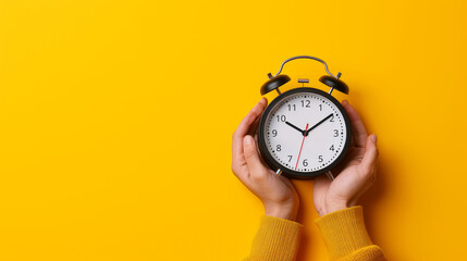 Hands holding traditional alarm clock on yellow background - Powered by Adobe