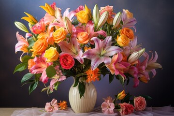  a white vase filled with lots of colorful flowers on top of a table next to a bouquet of flowers on top of a table.