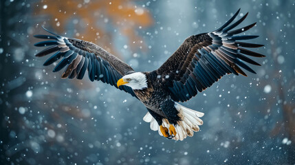 Bald eagle flying with spread wings in snow in winter