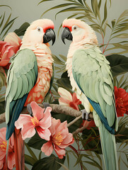 Green Palm Leaves, Two Parrots On A Branch With Flowers