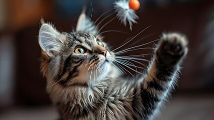 close up of a cat, playful Maine Coon cat engaging in interactive play with puzzle toys or feather wands, showcasing its playful and clever personality