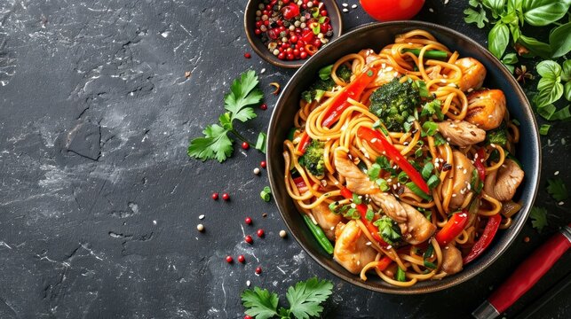 Stir-fried Noodles with Chicken and Vegetable Chow Mein. Generative Ai.