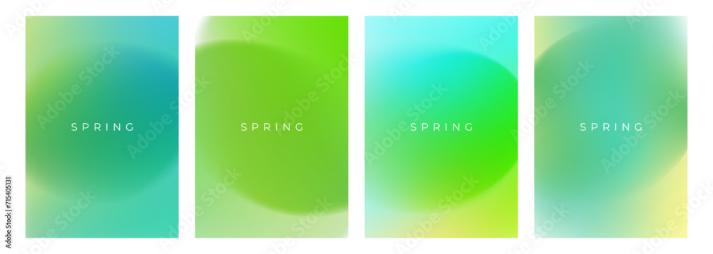 Poster set of springtime green color backgrounds with bright blurred gradients for spring season creative g