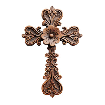 Cross isolated on a transparent background. Wood carving cross for Baptism, First Community, Easter, and more. Beautiful Christian wooden cross with floral elements.