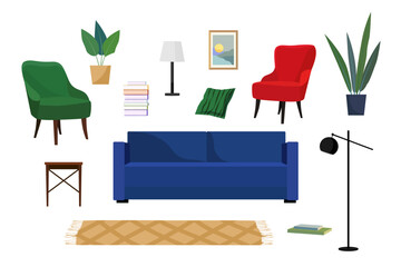 Set of illustrations of blue sofa with armchairs, books, pictures, floor lamp and plant. Vector flat illustration.