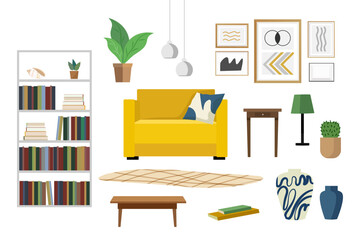Set of illustrations of yellow armchair with a bookcase, pictures, floor lamp and vase. Vector flat illustration.