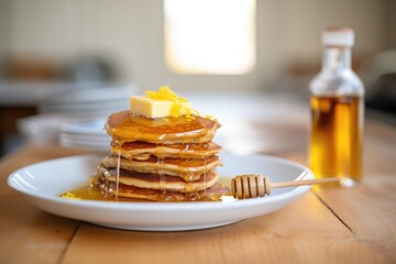 stack of pancakes with maple syrup and butter