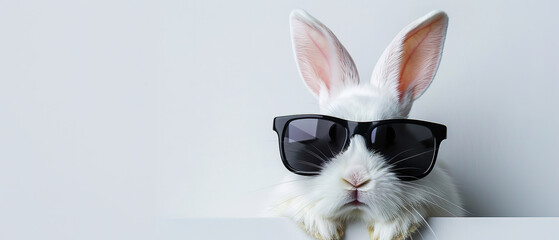 sweet easter bunny  wearing black sunglasses, on white background, with empty copy space