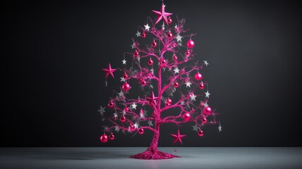  a pink christmas tree with silver stars and pink baubles on the top of it, on a black background.