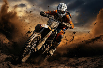 Motorcyclist on a motocross motorcycle in dust and dirt