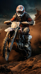 Motorcyclist on a motocross motorcycle in dust and dirt