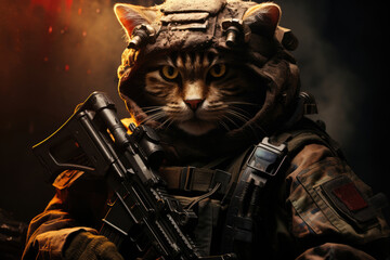 Military cat soldier in the army with a weapon