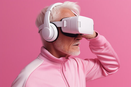 Old man wearing vr device on pink background 
