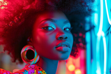 Urban Beauty in Neon Lights.
Young woman's face illuminated by radiant neon lights in urban setting.