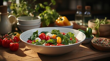  a bowl of vegetables sits on a table next to a bowl of pepper, tomatoes, bell peppers, and other vegetables.