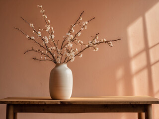 Ceramic vase with blossom twigs on rustic live edge accent wooden table against Peach Fuzz walls
