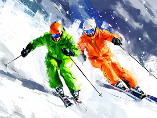 Two People Are Skiers In The Snow, A Couple Of People Skiing