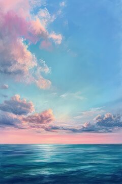 Serene pastel drawing or illustration of a dusk landscape with calm turquoise ocean and textured pink sky © Matthew
