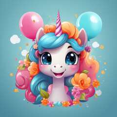 Colored cute unicorn with colored balloons