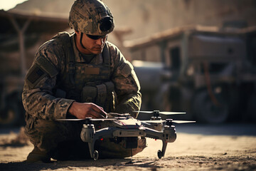 Soldier launches army drone for military reconnaissance, artillery aiming - obrazy, fototapety, plakaty