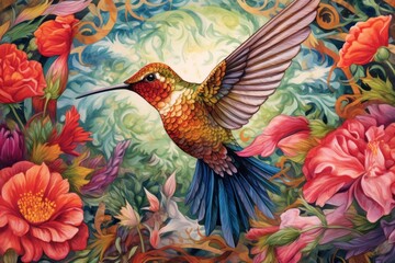  a painting of a hummingbird in flight surrounded by flowers and swirly swirly swirly swirly swirly swirly swirly swirls.