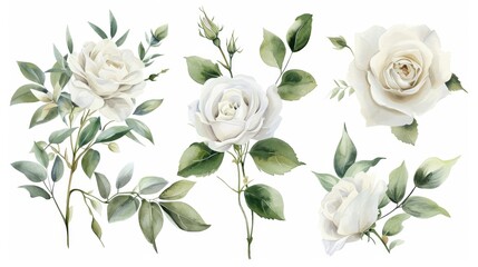 Set of watercolor on floral white rose branches. Wedding concept a white background - obrazy, fototapety, plakaty