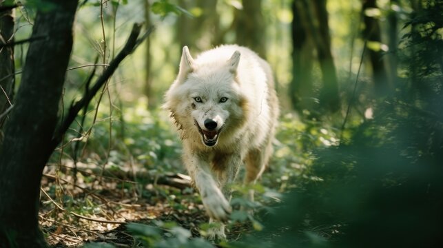  a white wolf walking through a forest with its mouth open and mouth wide open, with trees in the background.