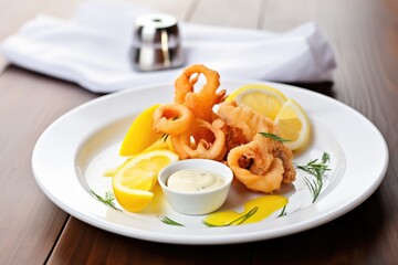fried calamari rings on white plate with lemon slice and aioli