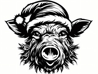 A Wild Boar With A Christmas Hat, A Black And White Drawing Of A Pig Wearing A Santa Hat