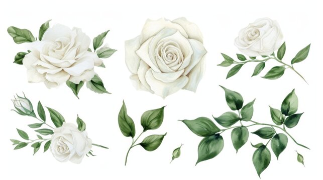 Set of watercolor on floral white rose branches. Wedding concept a white background