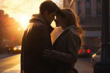 Portrait of young romantic beautiful couple kissing in street at sunset. Valentines day
