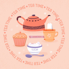 Tea time poster set: Retro teapot with risograph style texture, sugar, tea cup, tea bag, spoon, cupcake hand drawn sketches.Clipart.Vector illustration