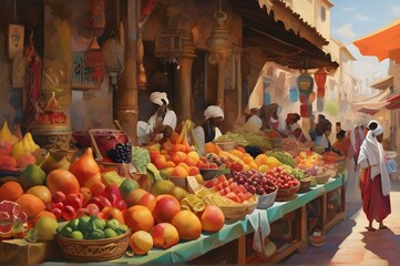 painting of a fruits and vegetable stalls at middle eastern street market 
