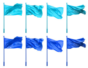 2 Collection set of dark light blue turquoise, waving flying blank flag flags on pole on transparent background cutout, PNG file. Many different design. Mockup template artwork graphic