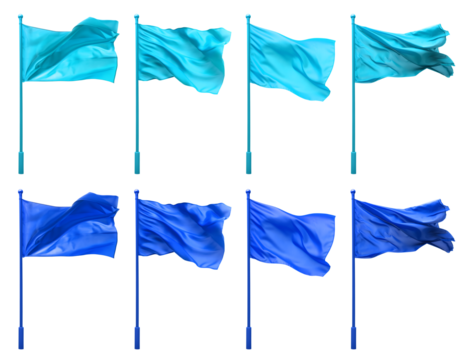 2 Collection set of dark light blue turquoise, waving flying blank flag flags on pole on transparent background cutout, PNG file. Many different design. Mockup template artwork graphic